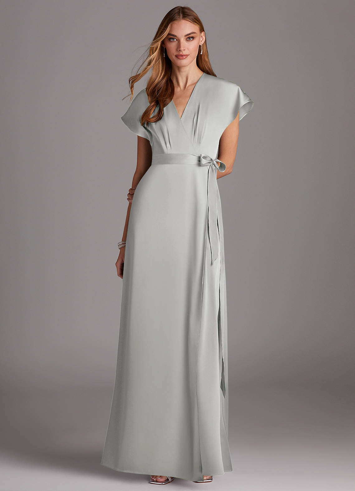 Azazie Nico Bridesmaid Dresses Silver A-Line V-Neck Stretch Satin Dress image1