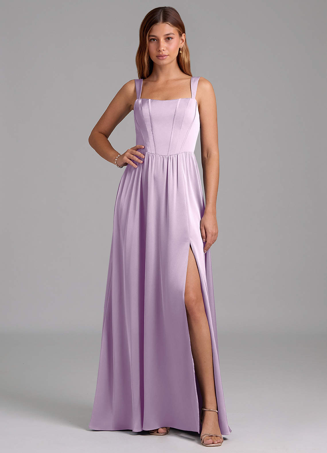 Azazie Rosaline Bridesmaid Dresses Frosted Lilac A-Line Side Slit Stretch Satin Dress image1