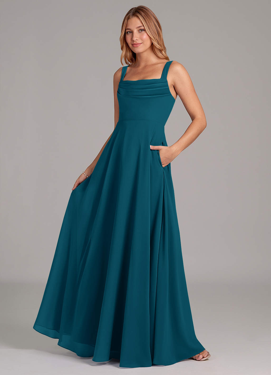 ink blue bridesmaid dresses Azazie Shaude fit-fit-and-flare TFNC long sleeve flared Size:XL/XXL line skirt.