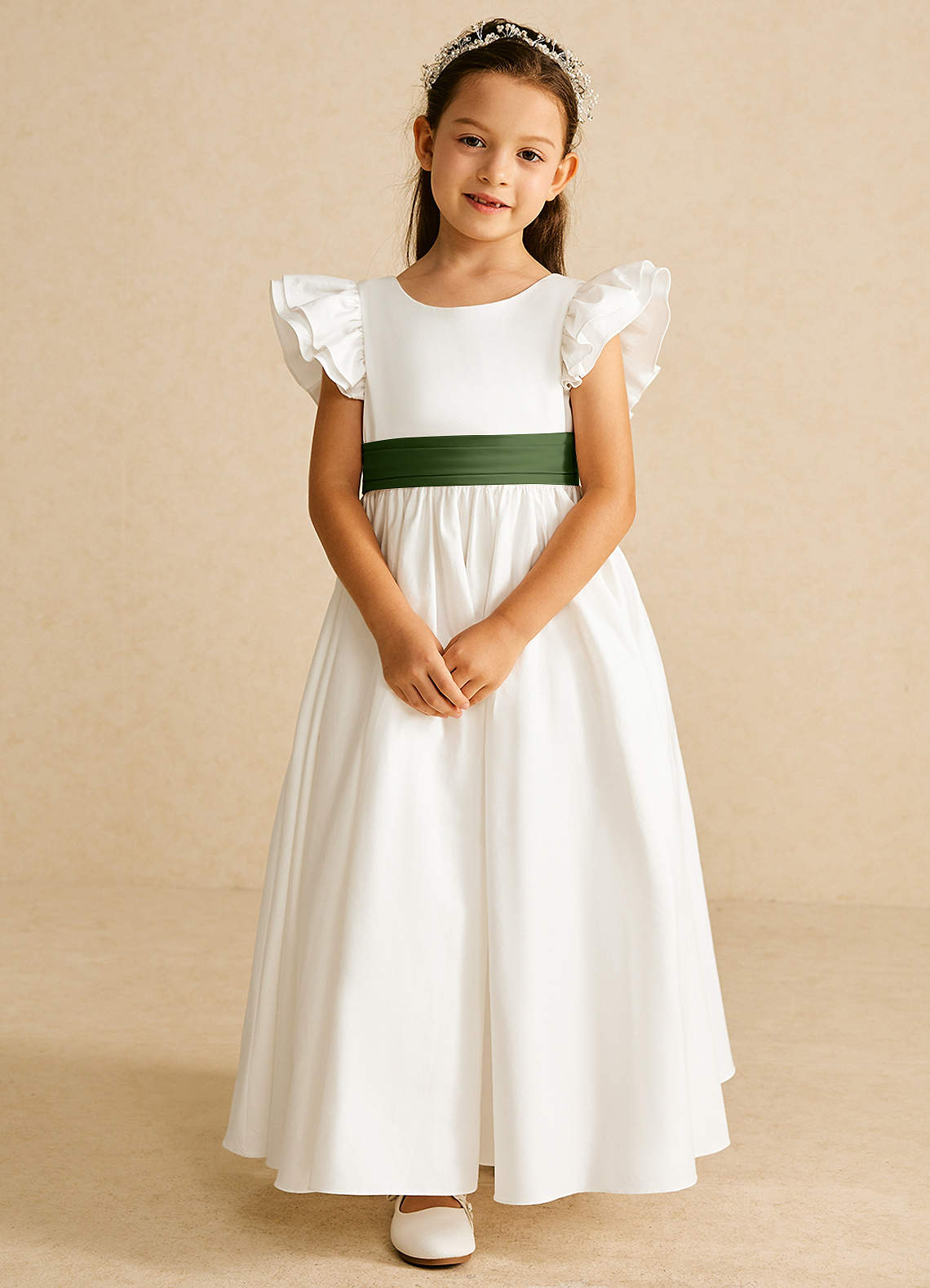 Azazie Aero Flower Girl Dresses Ivory Olive A-Line Pleated Cotton Dress image3