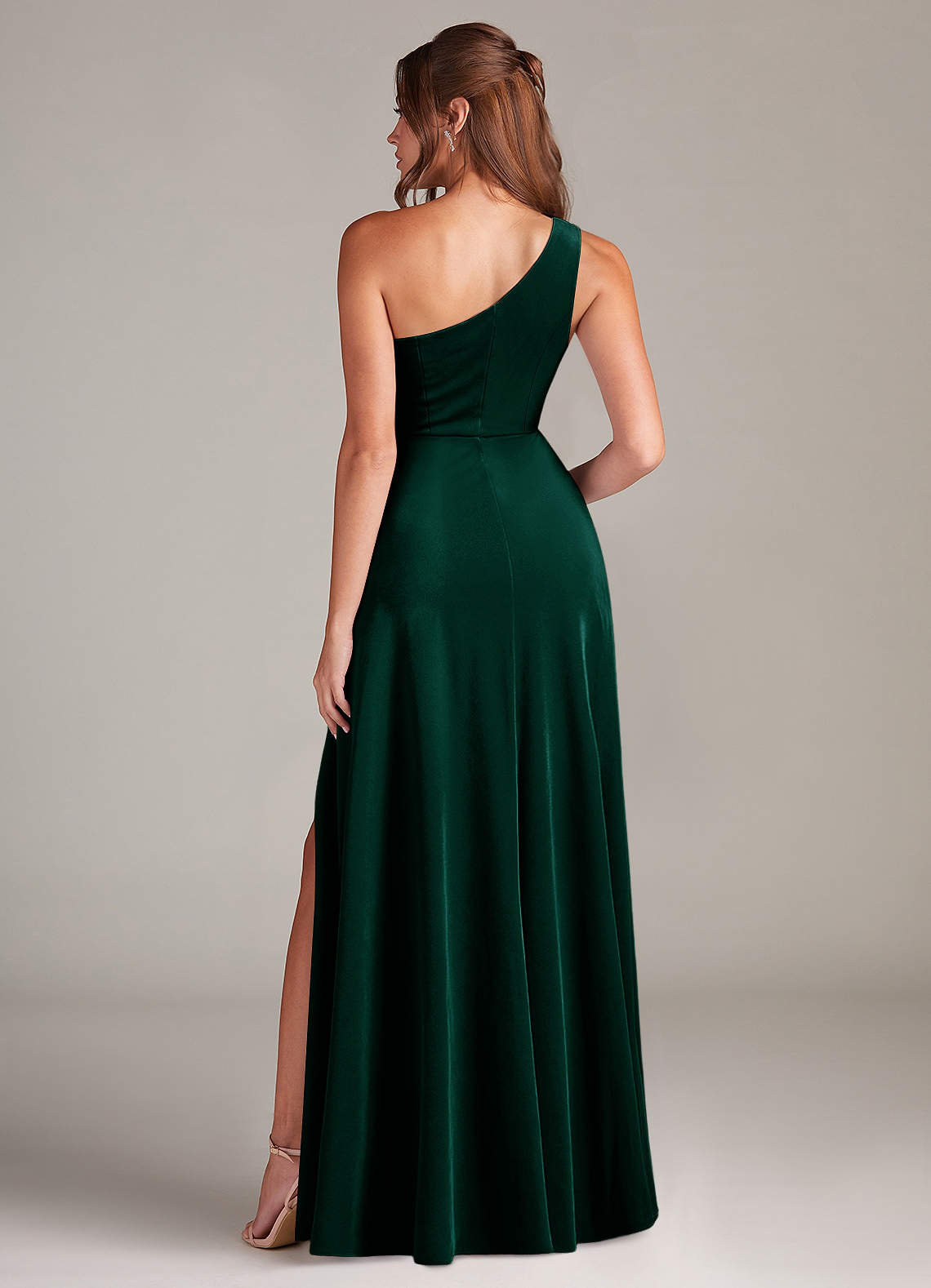 Azazie Brooke Bridesmaid Dresses Emerald A-Line One Shoulder Velvet Dress image4