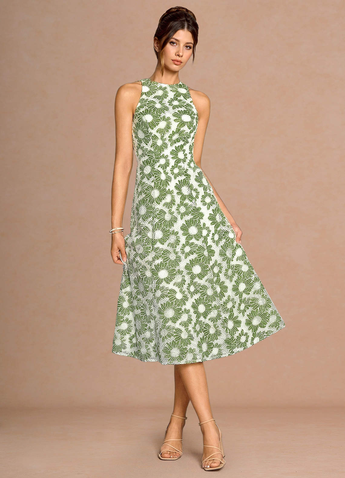 women's green and white dress Selira Midi casual green and white dress