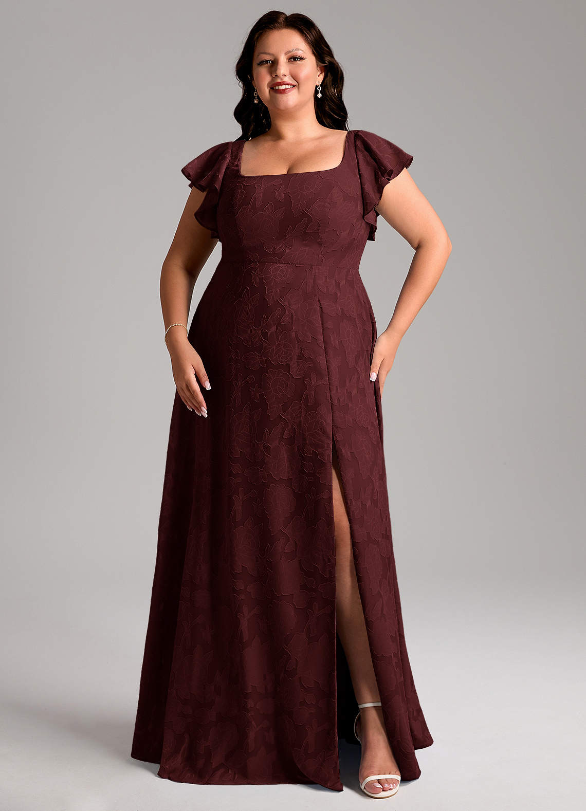 Azazie Bondi Bridesmaid Dresses Cabernet A-Line Side Slit Floral Burnout Dress image9