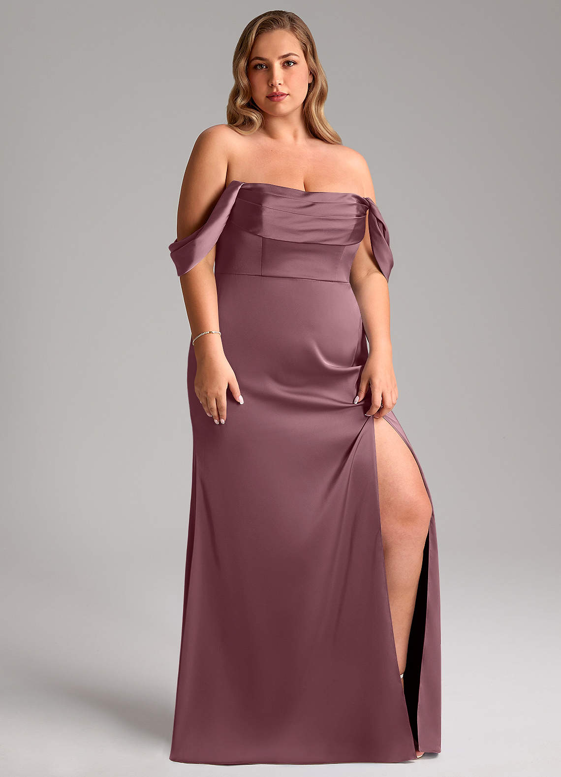 Azazie Saige At-home Try On Dresses Amethyst Sheath Off the Shoulder Stretch Satin Dress image13