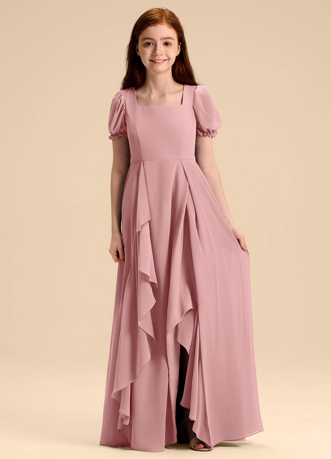 Azazie Priya Junior Dusty Rose A-Line Blouson Chiffon Dress image1