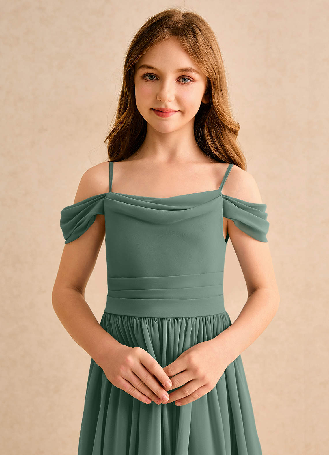 Azazie Shia Girls Formal Flower Girl Dresses Eucalyptus A-Line Off the Shoulder Chiffon Dress image5