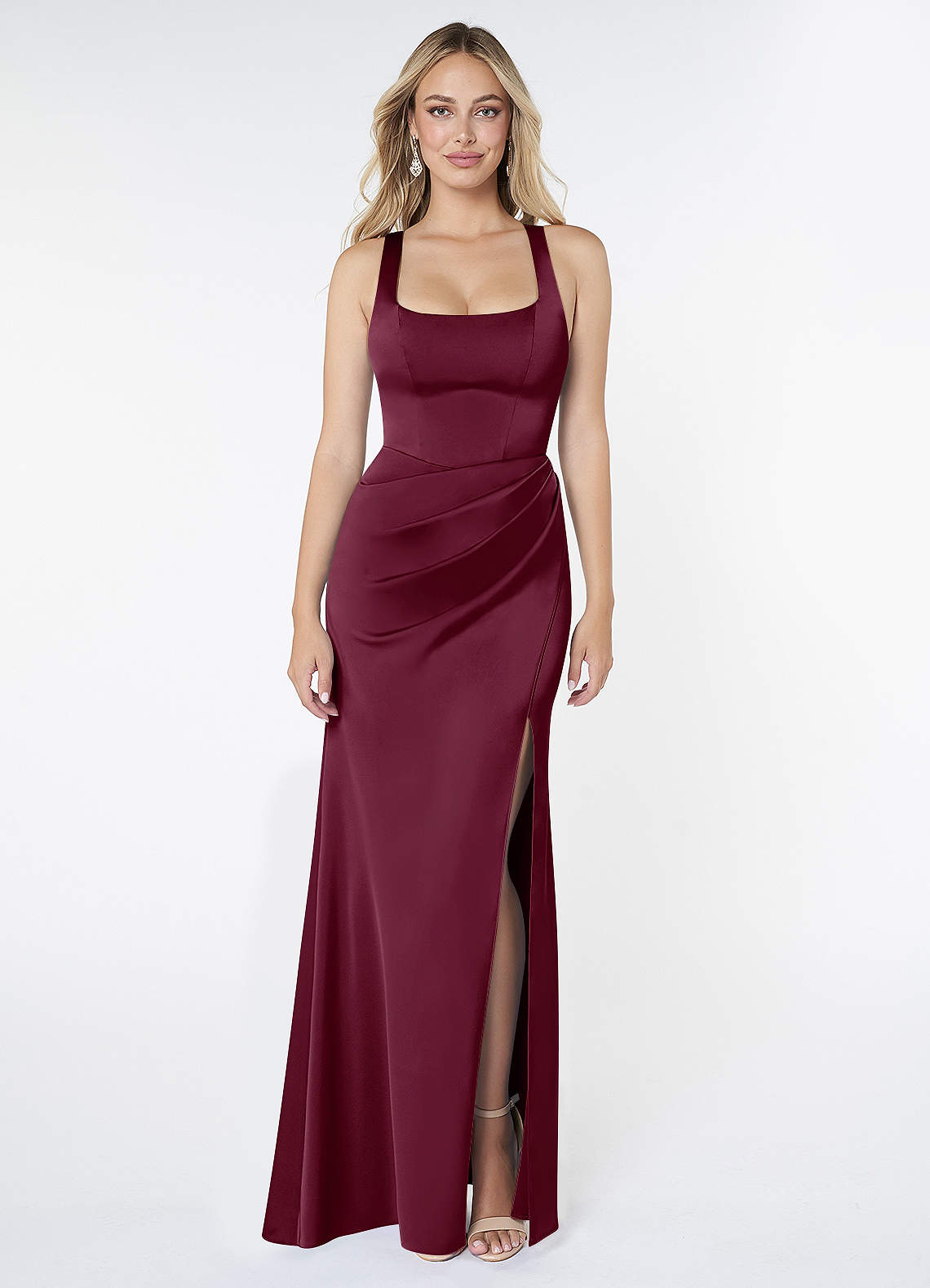 Azazie Mero Brautjungfernkleider Etui Plissee Stretch-Satin Kleid Maulbeerrot image1