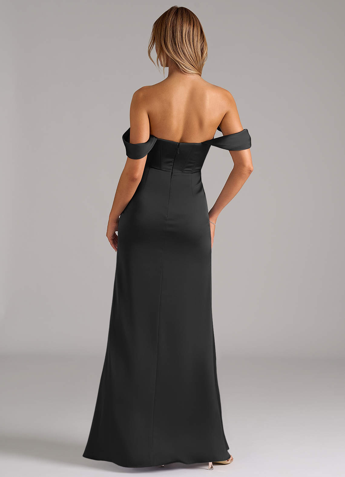 Azazie Johana Bridesmaid Dresses Black Mermaid Off the Shoulder Stretch Satin Convertible Dress image3