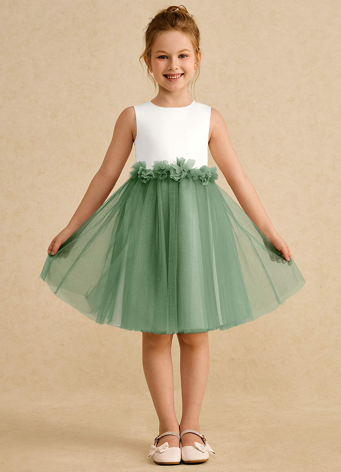 Azazie Louisa Flower Girl Dresses Ivory Matcha A-Line Sleeveless Tulle Dress image1