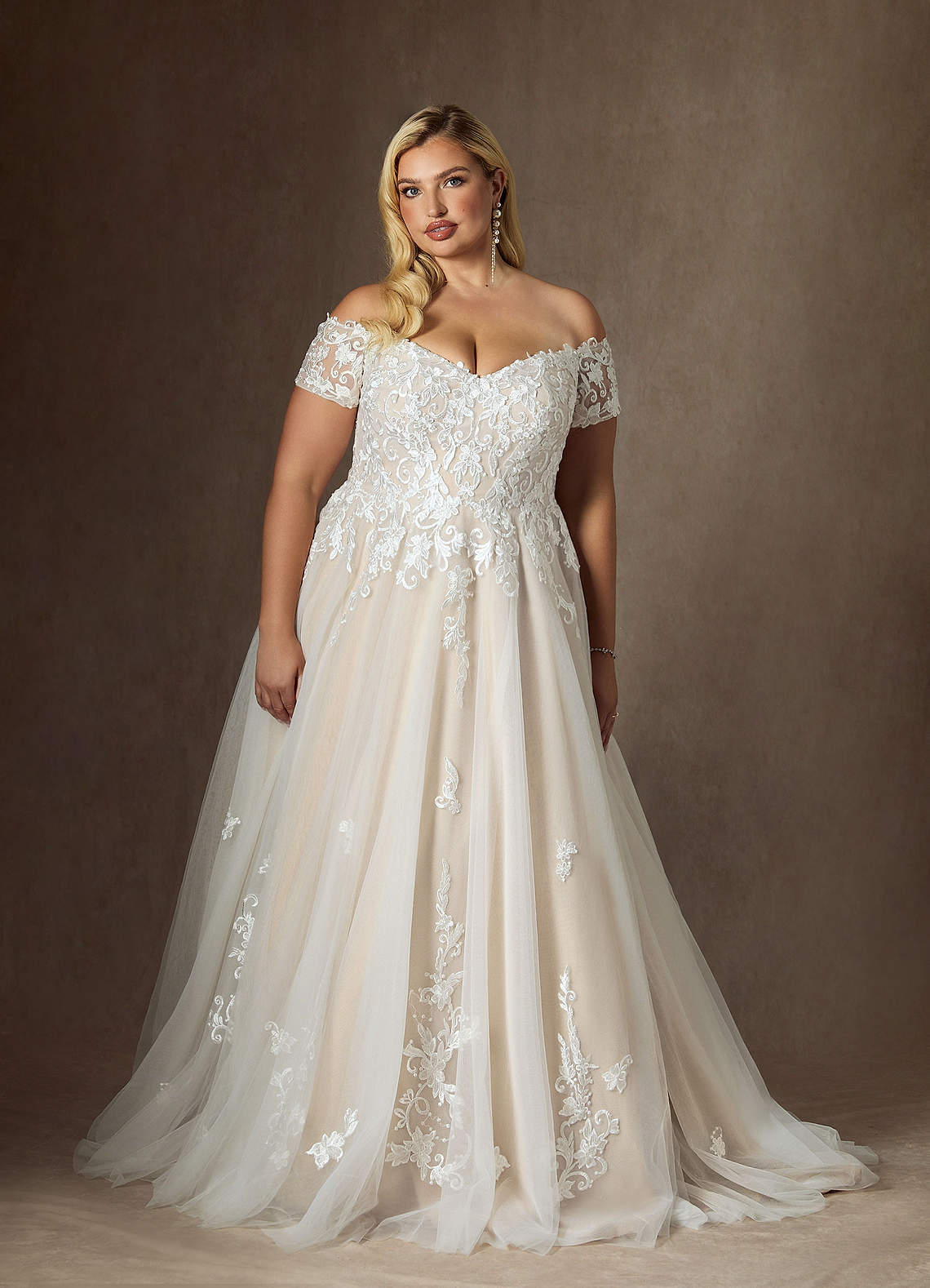 Azazie Rowe Wedding Dresses Diamond White Champagne Ball-Gown Off the Shoulder Tulle Dress image11