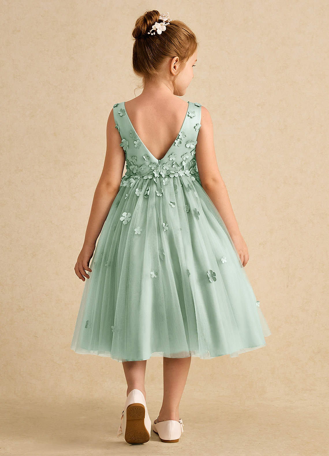Azazie Lana Flower Girl Dresses Agave A-Line Sleeveless Matte Satin Dress image1