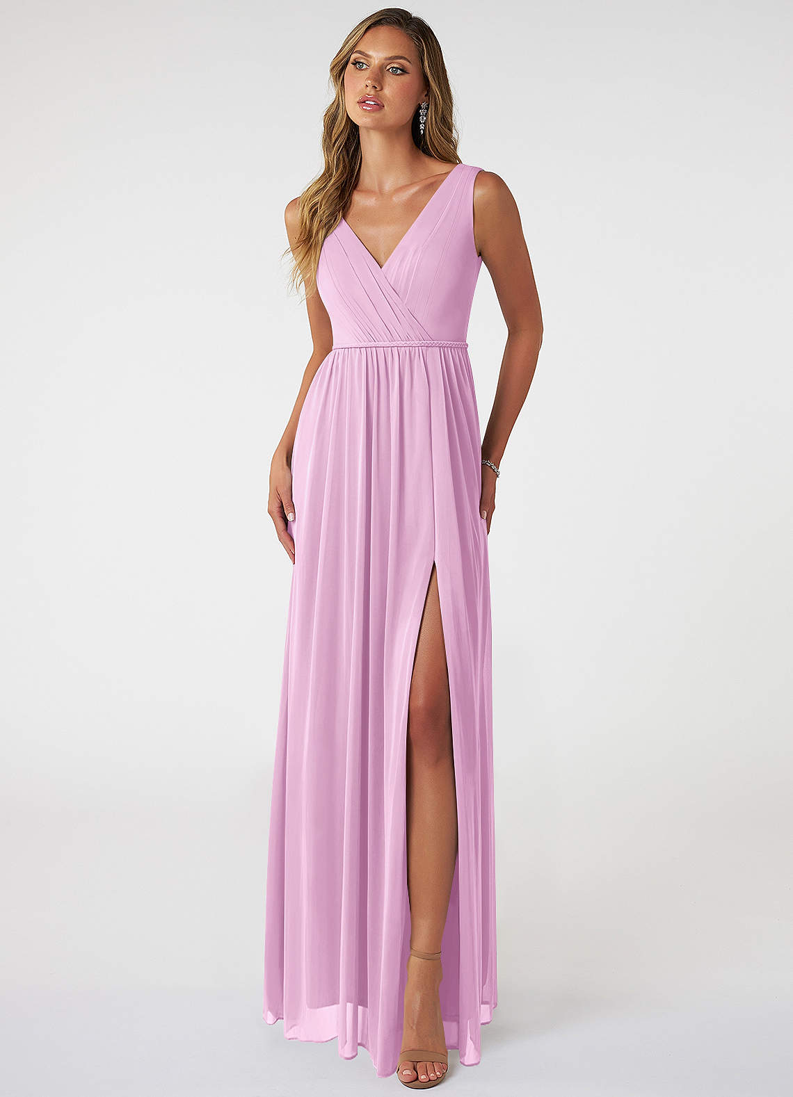 Azazie Tanicia Bridesmaid Dresses Candy Pink A-Line V-Neck Pleated Mesh Dress image1