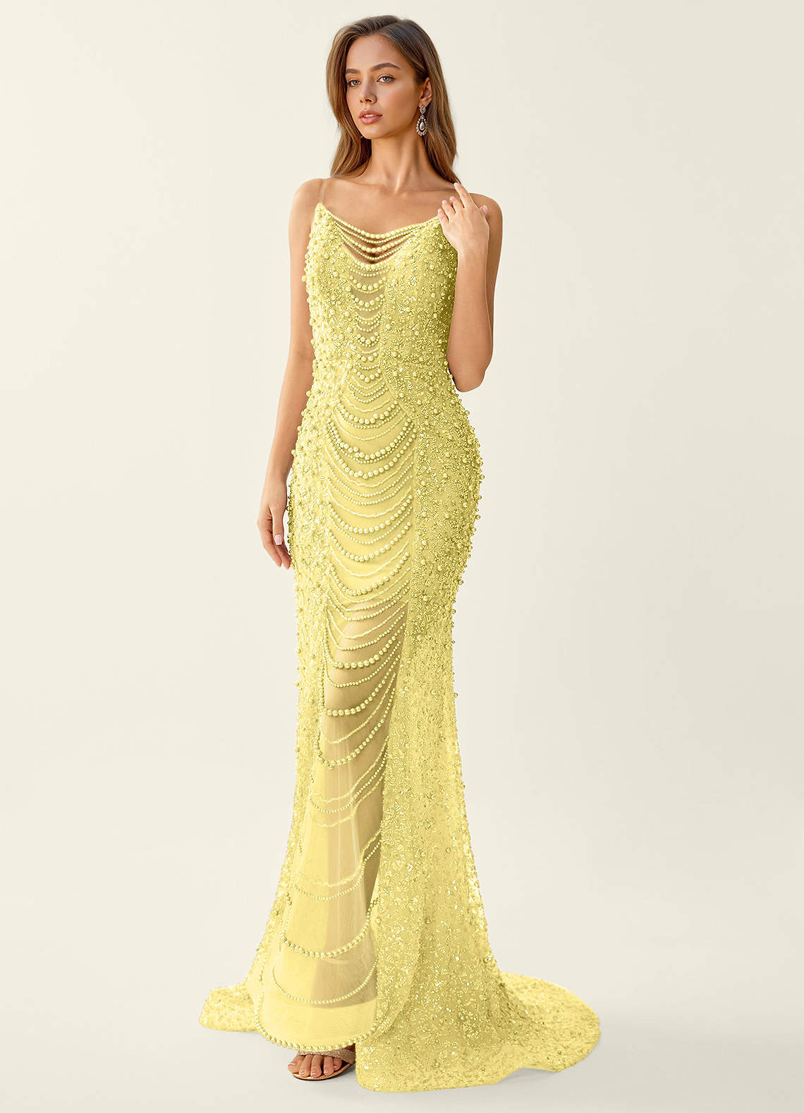 gold jeweled prom dress Champagne Gold Rhinestone Beaded Prom Dresses, High Slit Sexy Mermaid –  Berryera main image 1