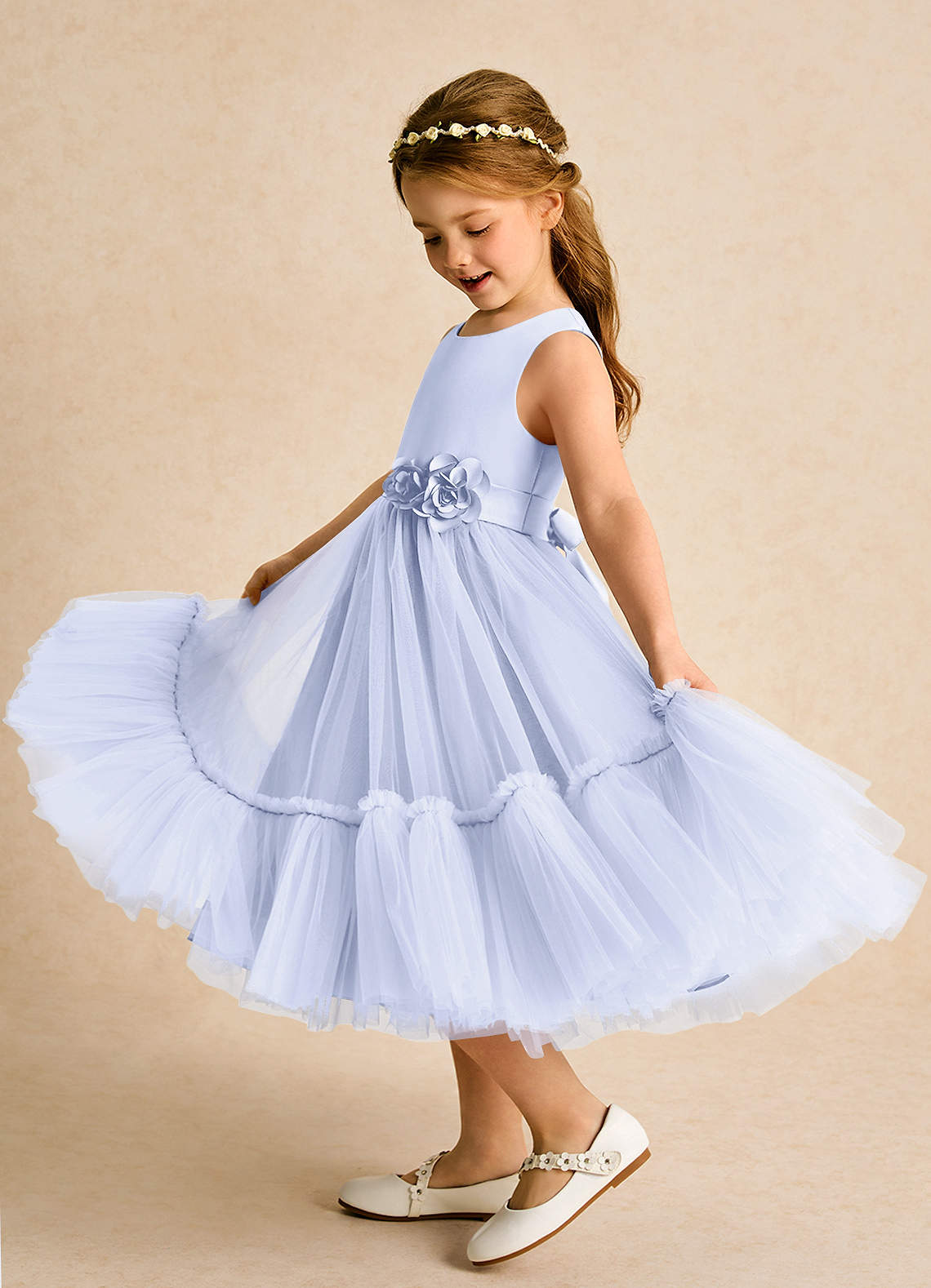Azazie Miracle Robe Demoiselle D'honneur Fillette Robe Trapèze en Mat Satiné Arc Lavande image1