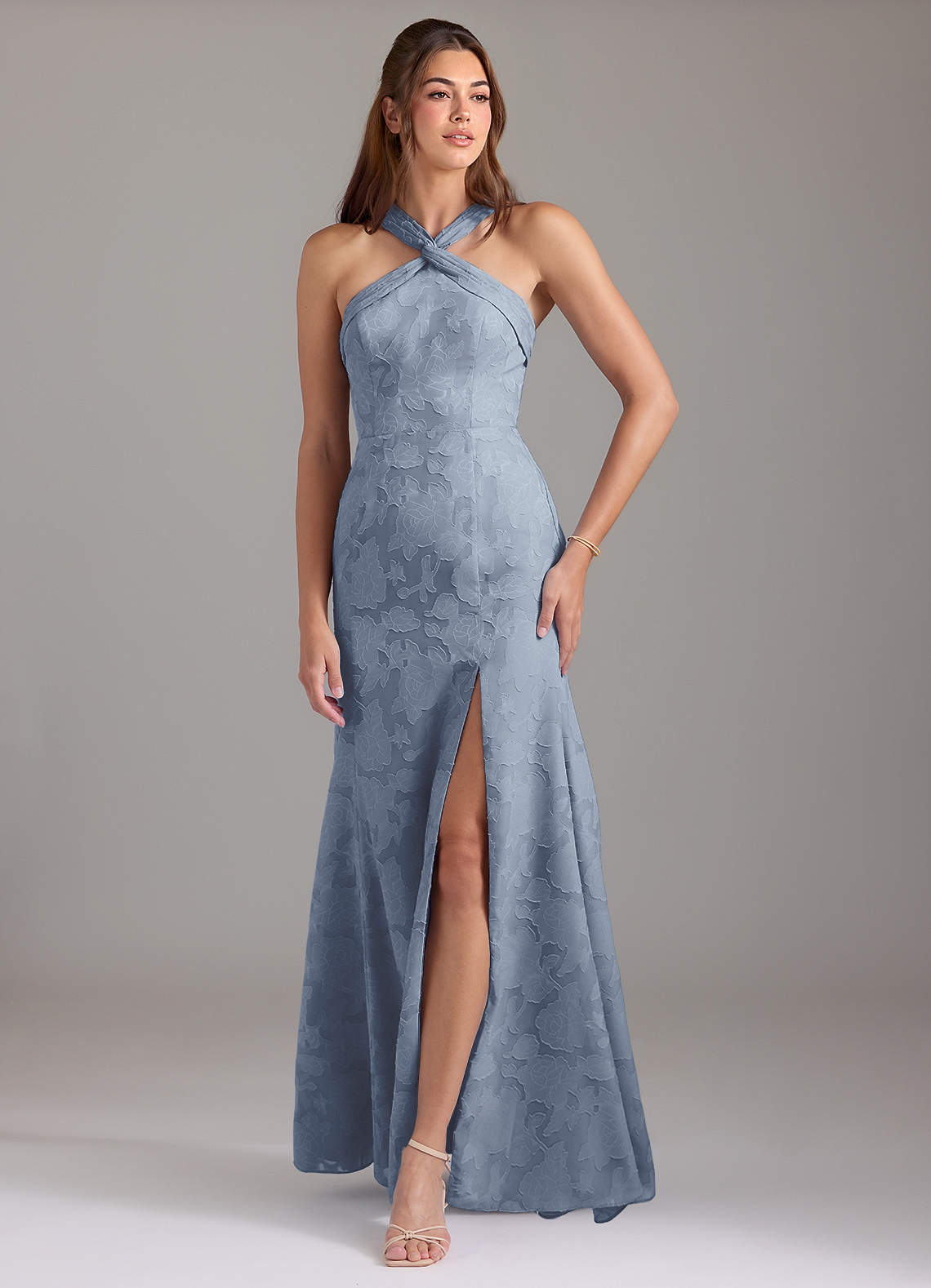 Azazie Rue Bridesmaid Dresses Dusty Blue A-Line Pleated Floral Burnout Dress image1