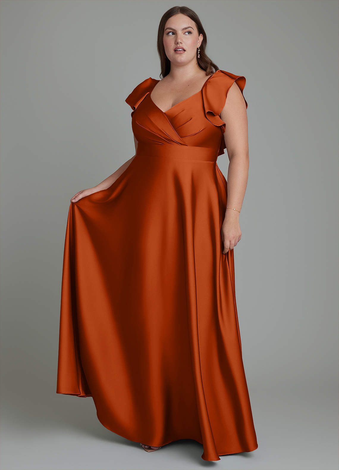 Azazie Leilani Bridesmaid Dresses Burnt Orange A-Line Ruched Stretch Satin Dress image1