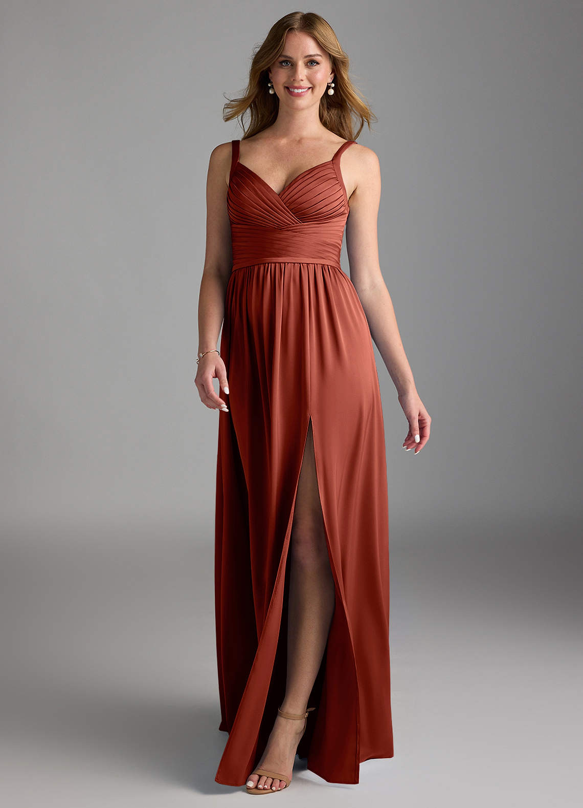 Azazie Chanel Bridesmaid Dresses Terracotta A-Line Pleated Stretch Satin Dress image1