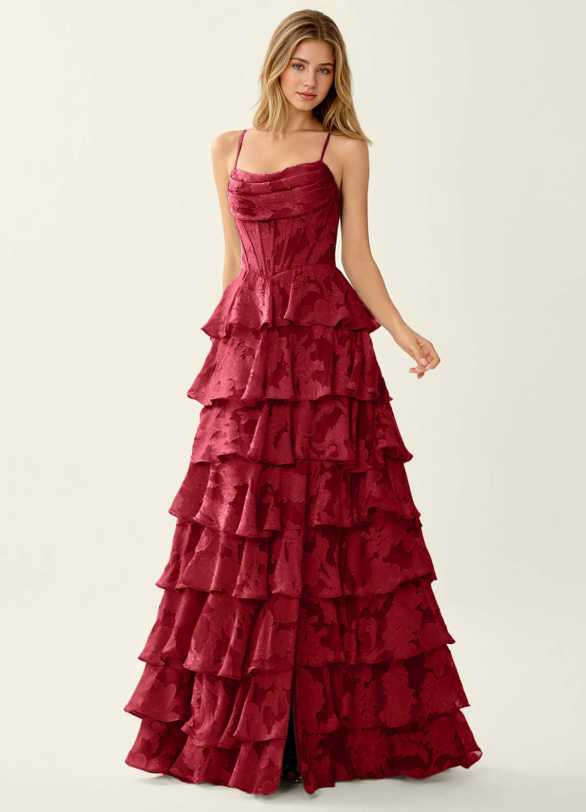 Wrenana Ruby Red Textured Floral Jacquard Prom Dress | Azazie