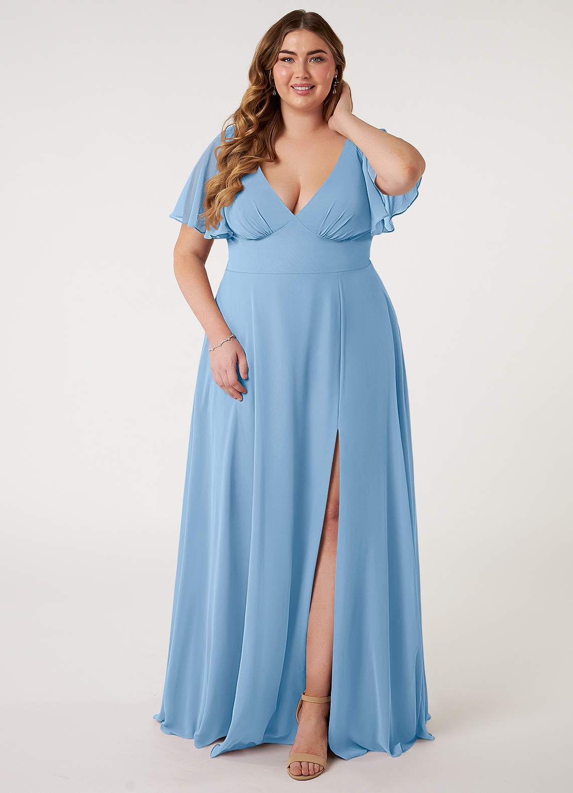 Azazie Kimber Robes de demoiselle d'honneur Robe Trapèze en Mousseline de soie Manches à volants Poudre Bleue image1