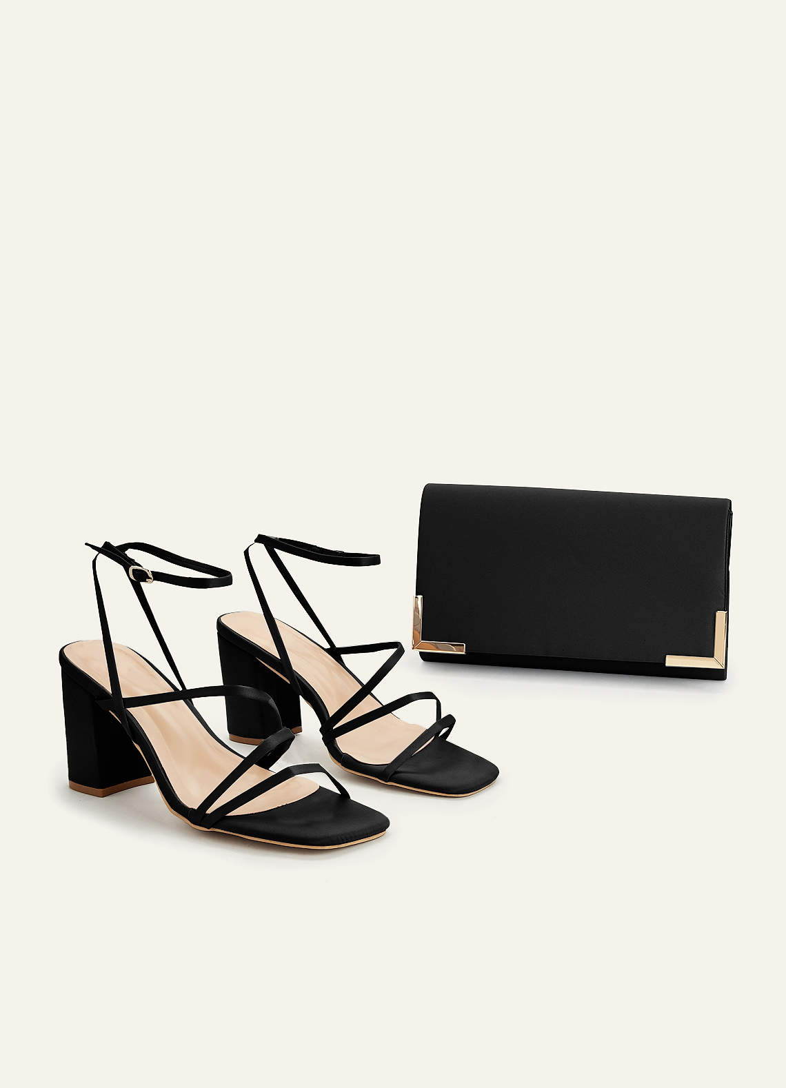 front Matching Color Matte Satin Ankle Strap Block Heel Sandals & Envelope Clutch Set