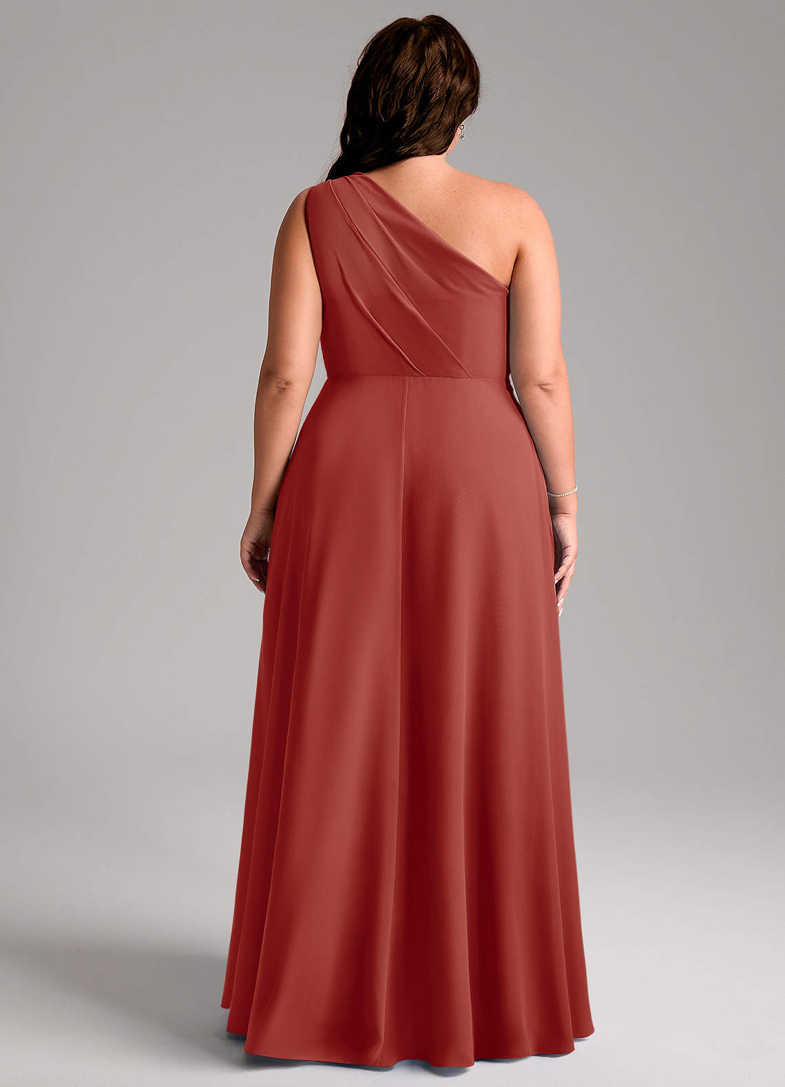 Azazie Phaedra Vestidos de damas de honor Vestido de Terracota de Gasa de Corte en A con Hombro unilateral image1