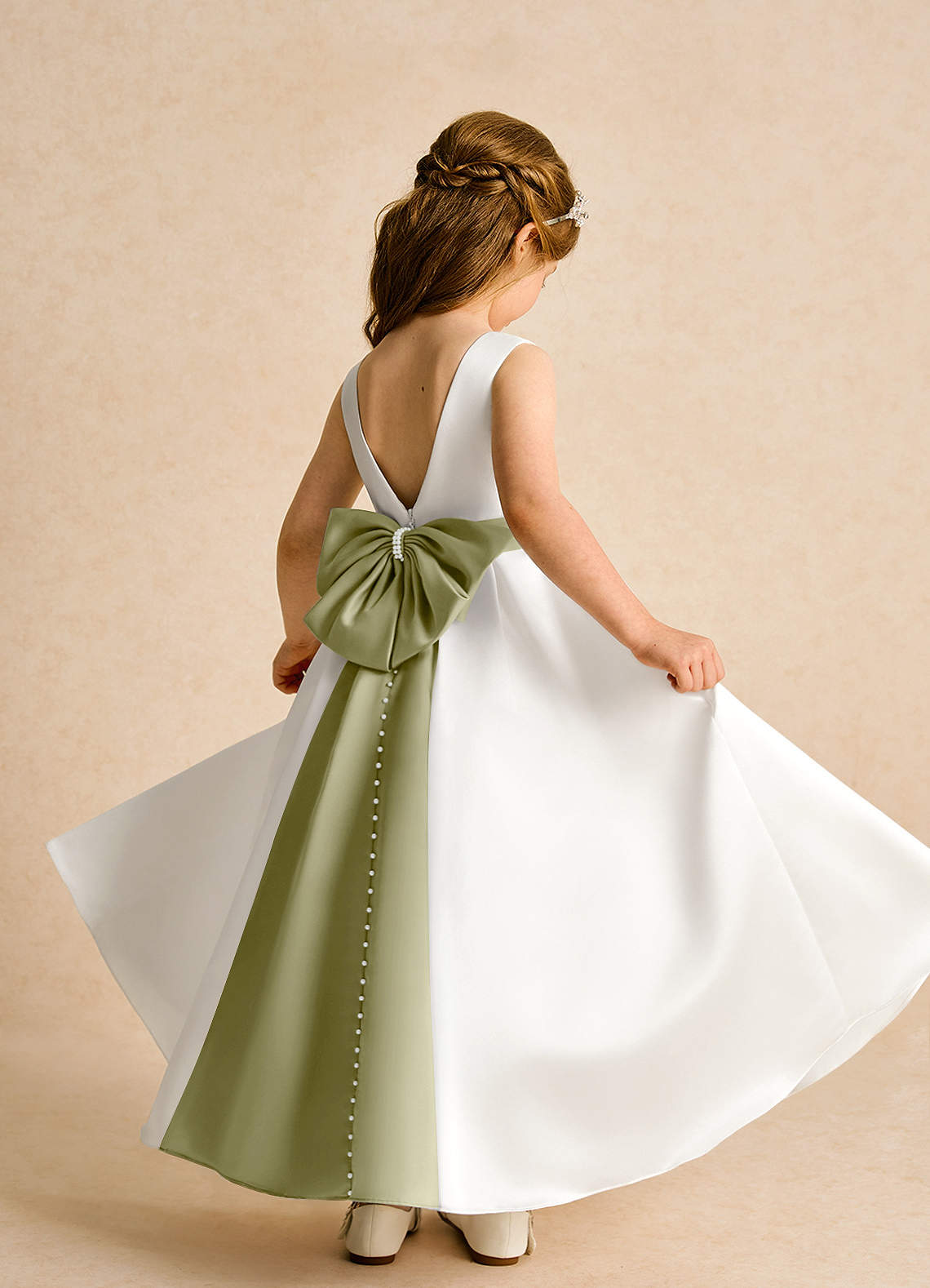 Azazie Cherry Vestidos de florista Vestido Marfim Musgo Verde de Cetim fosco de Vestido de baile com Plissado image3