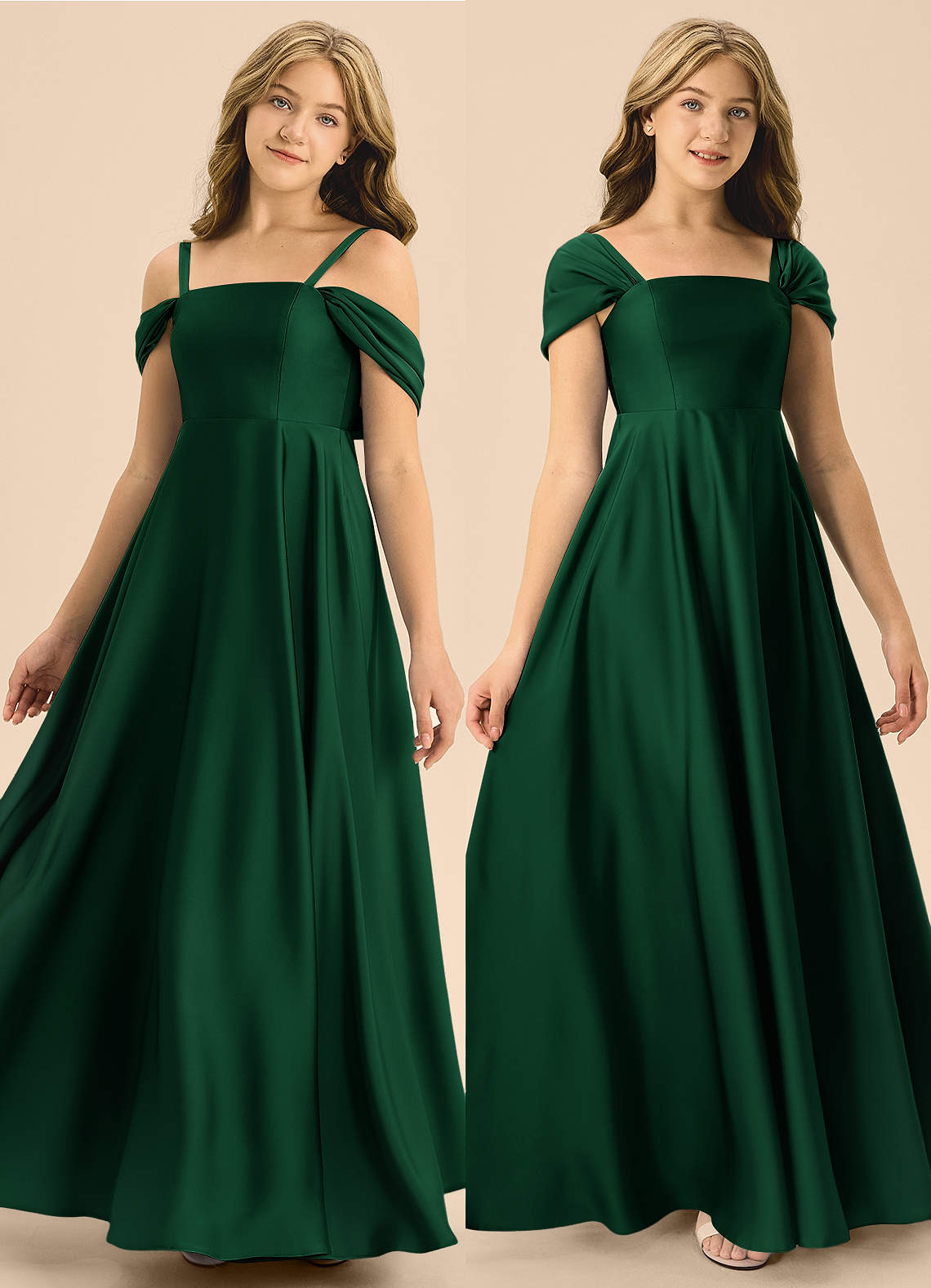 Azazie Rowena Junior Vestido de Verde Oscuro de Satén Elástico de Corte en A con Lazo image1