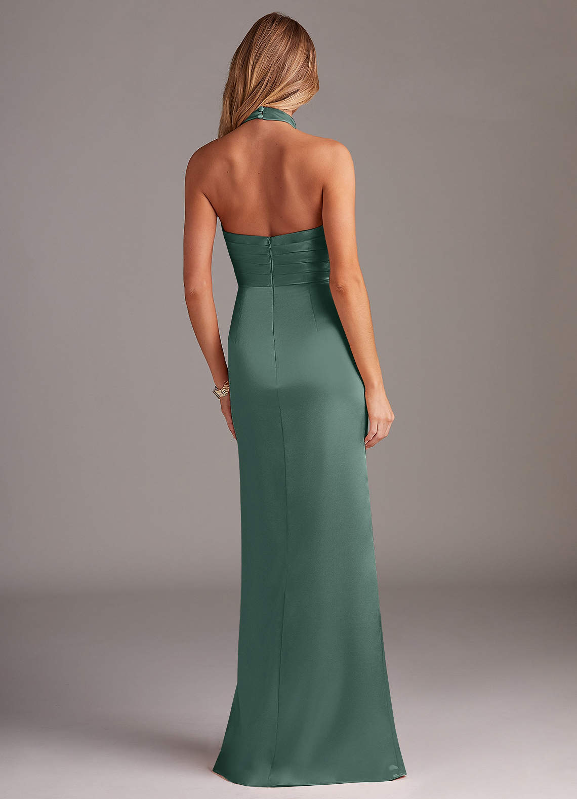 Azazie Jemma Vestidos de madrinha de casamento Vestido Eucalipto de Cetim elástico de Bainha com Plissado image5