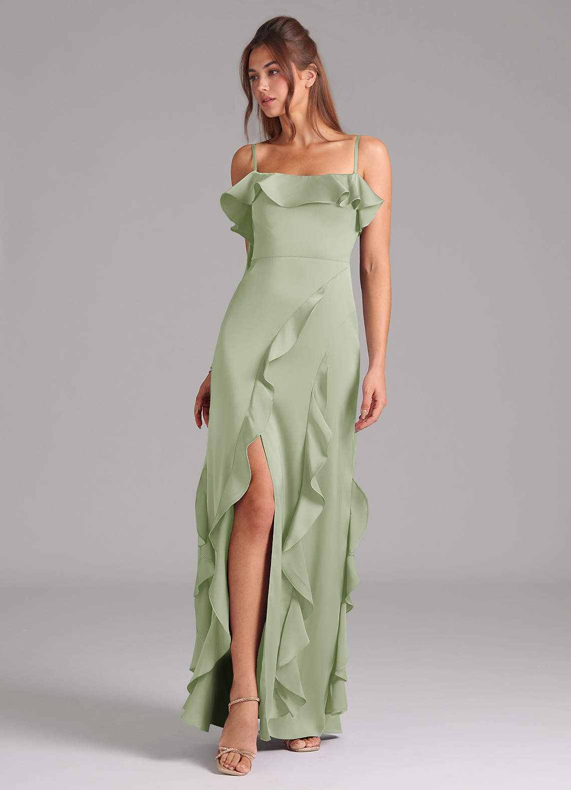 Azazie Malia Brautjungfernkleider A-Linie Seitliche Cut-Outs Stretch-Satin Kleid Staubiger Salbeigrün image1
