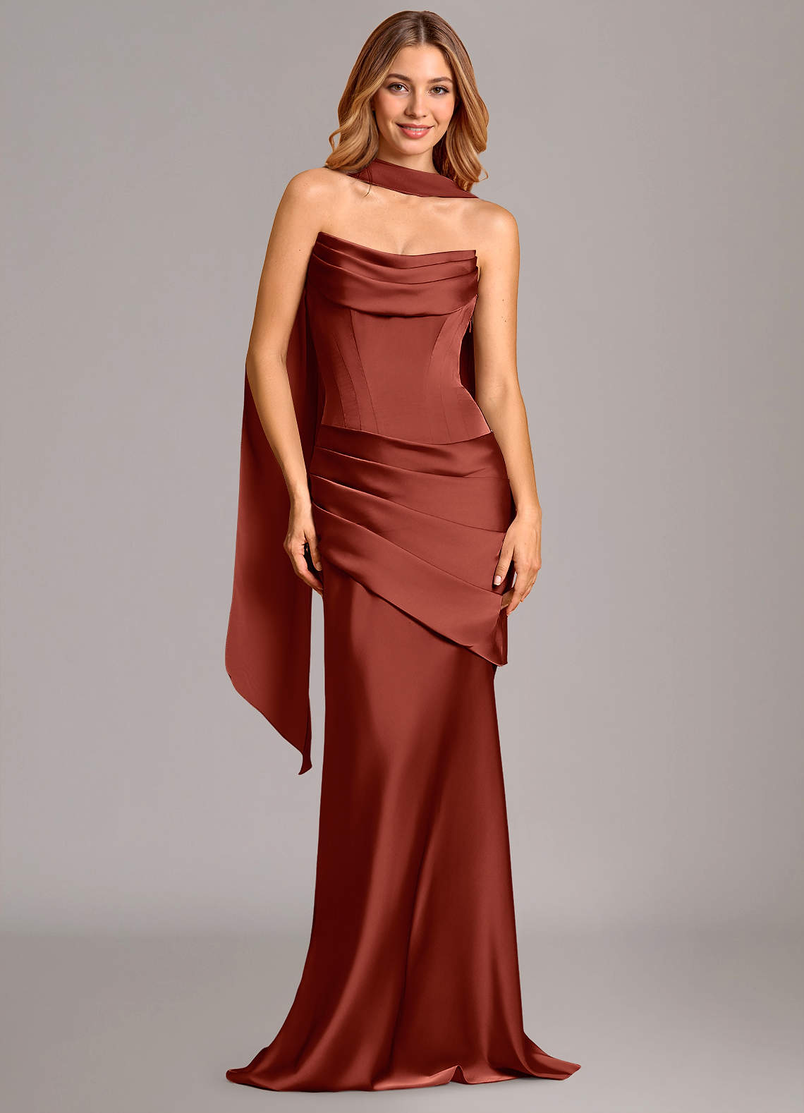 Azazie Pelagia Bridesmaid Dresses Terracotta Mermaid Corset Stretch Satin Convertible Dress image1