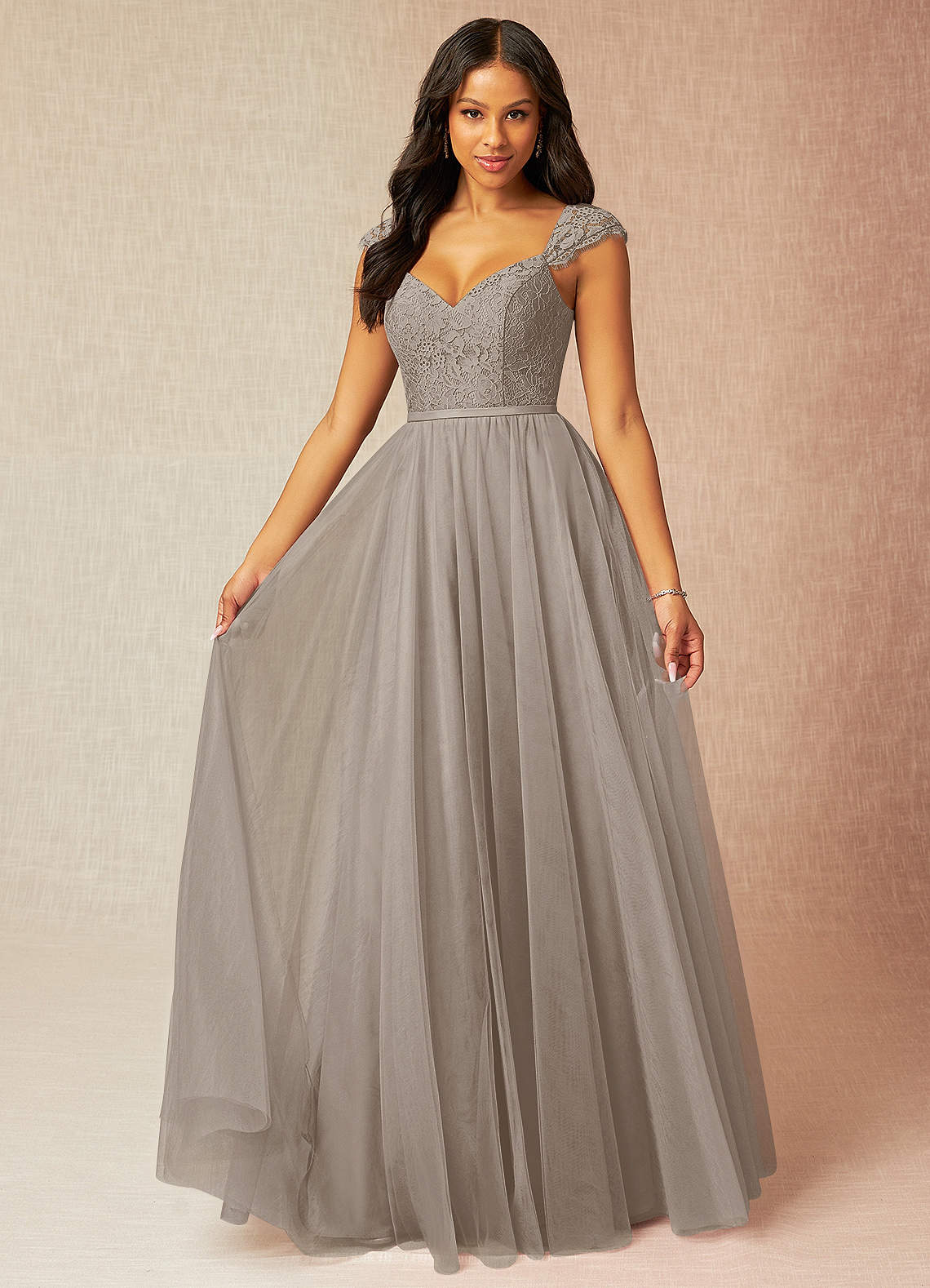 Azazie Luxi Brautjungfernkleider A-Linie Plissee Tüll Kleid Taupe image1