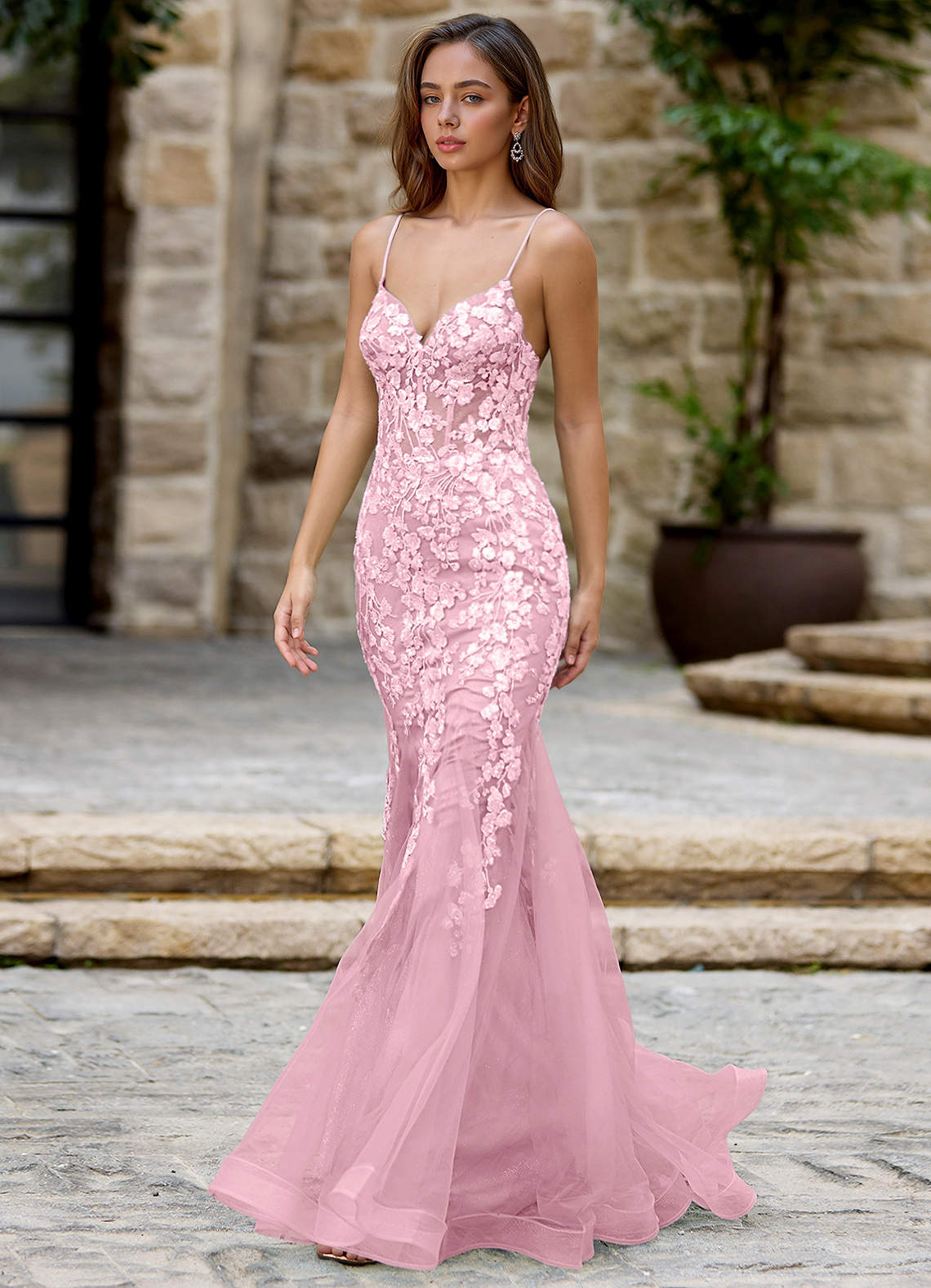 knee length dresses for ladies Chic and Holland AR330272 - Bead Embellished Mermaid Prom Gown 12 / Baby Pink main image 1