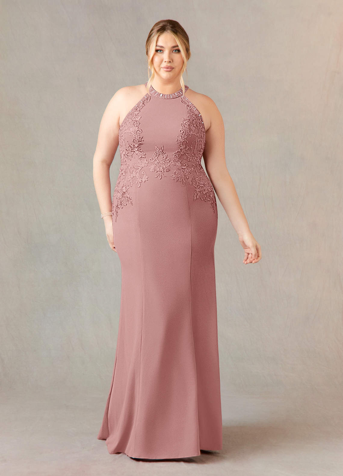 Azazie Tyra Mother of the Bride Dresses Dusty Rose Mermaid Halter Lace Stretch Crepe Dress image6