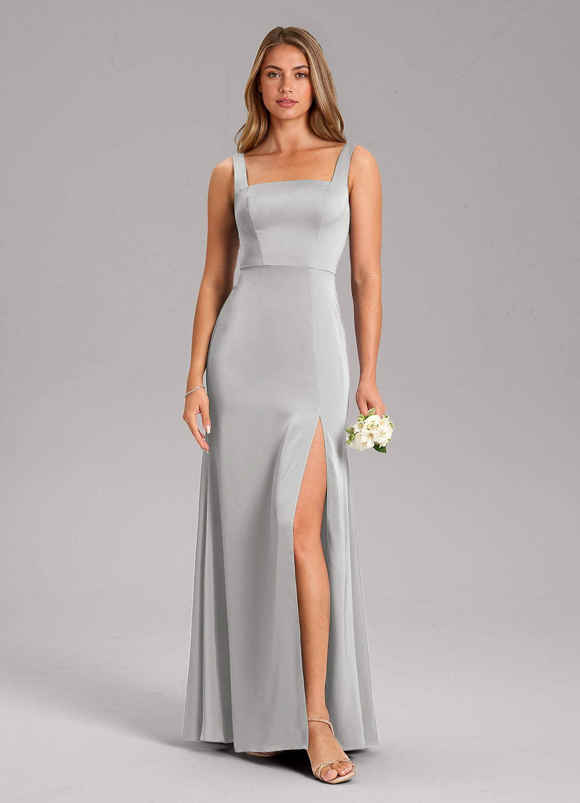 Azazie Frostine Bridesmaid Dresses Silver A-Line Bow Stretch Satin Dress image2