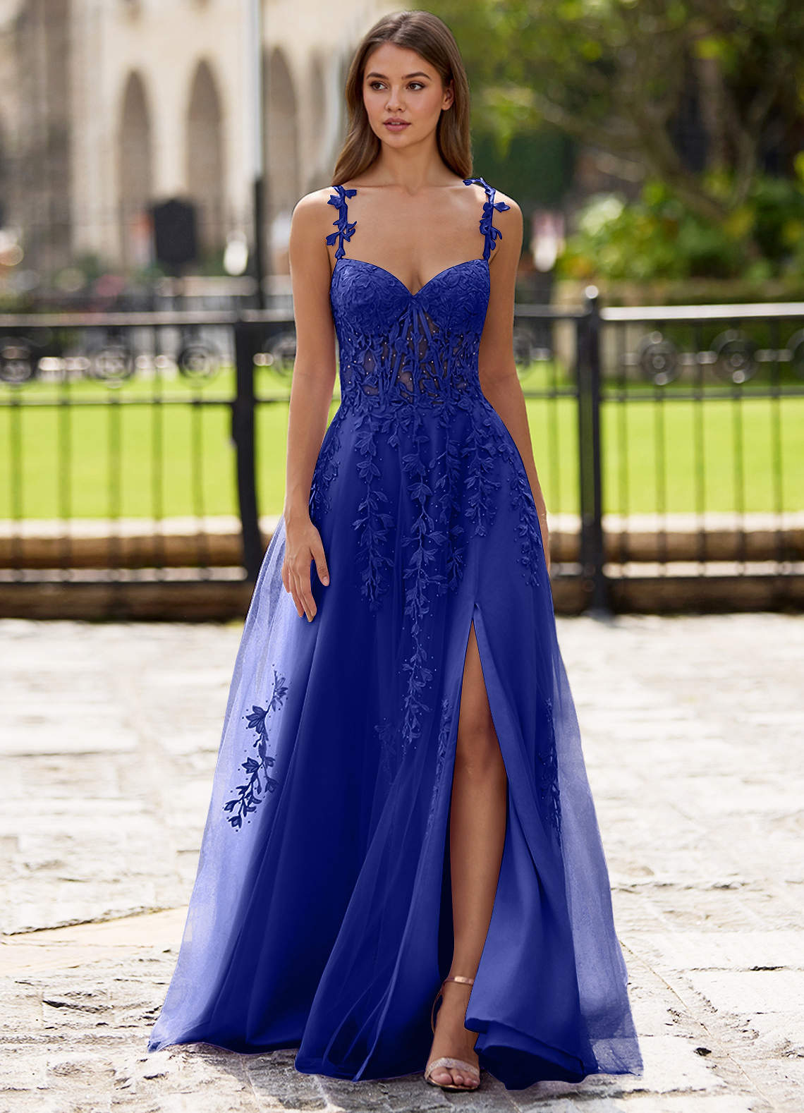 navy blue dress for baby girl Sherri Hill Spaghetti Strap A-Line Satin Royal Blue Prom Dress w/ Pockets  Size 0 main image 1