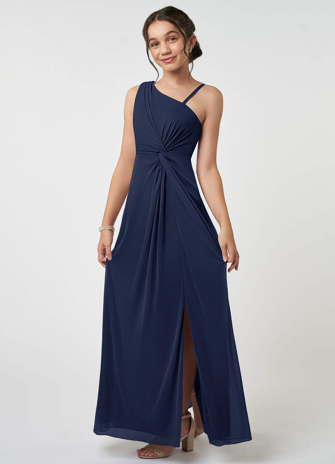 Azazie Brooke Junior Dark Navy A-Line Pleated Mesh Dress image2