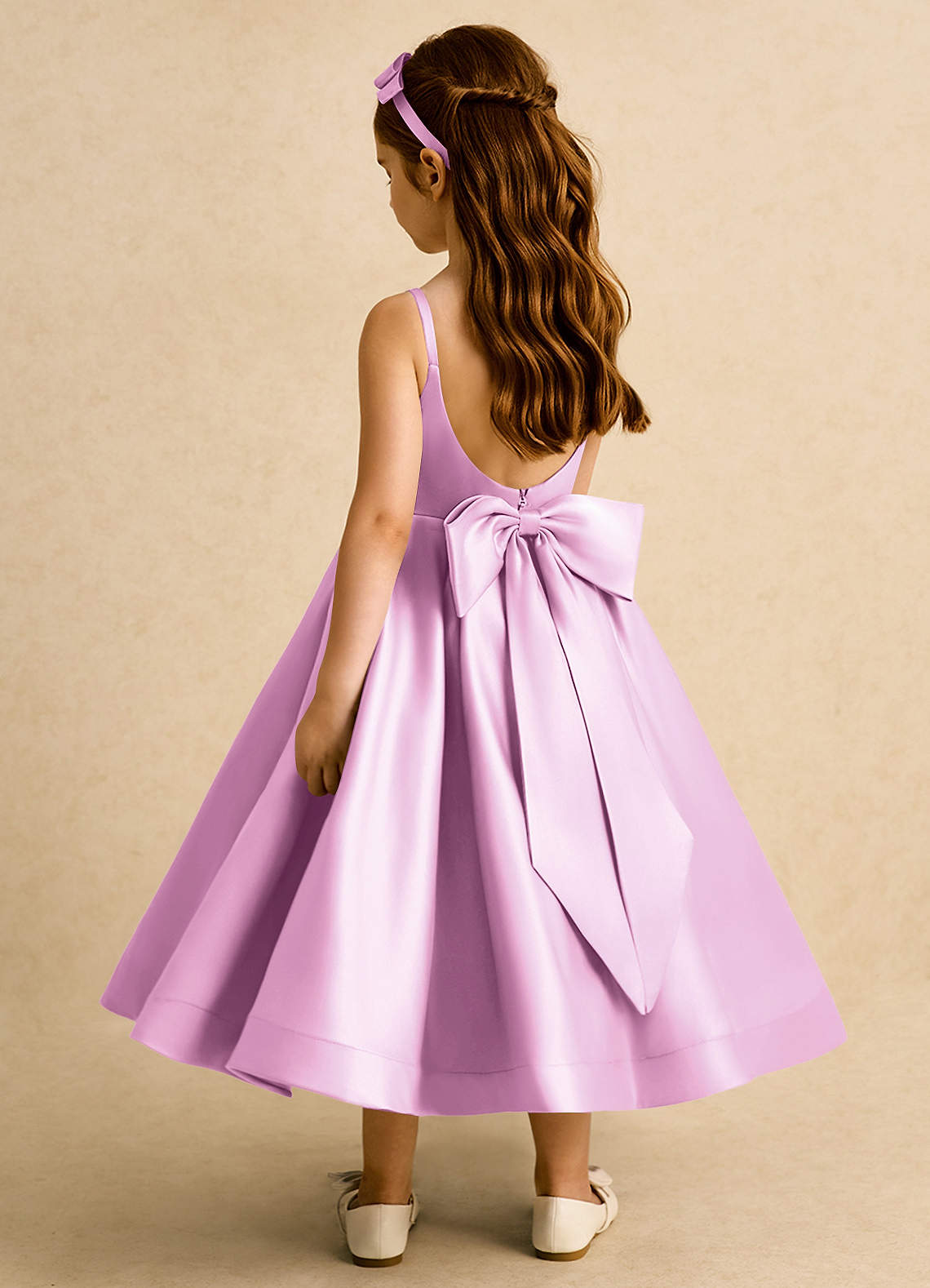 Azazie Babs vestidos de niña de las flores Vestido de Rosa Caramelo de Satin Mate de Princesa con Plisado image1