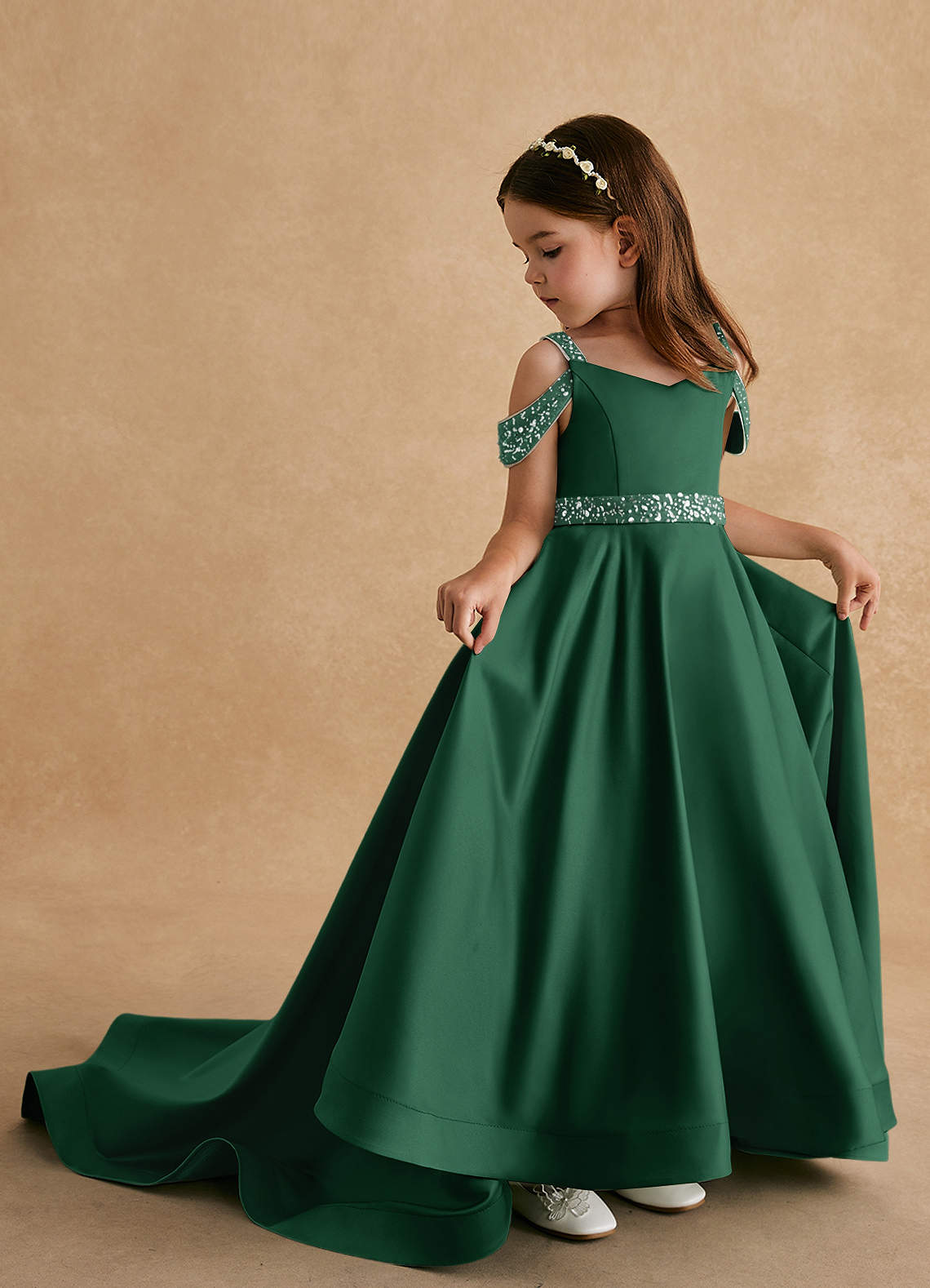 Azazie Jodi vestidos de niña de las flores Vestido de Verde Oscuro de Satin Mate de Corte En A image1