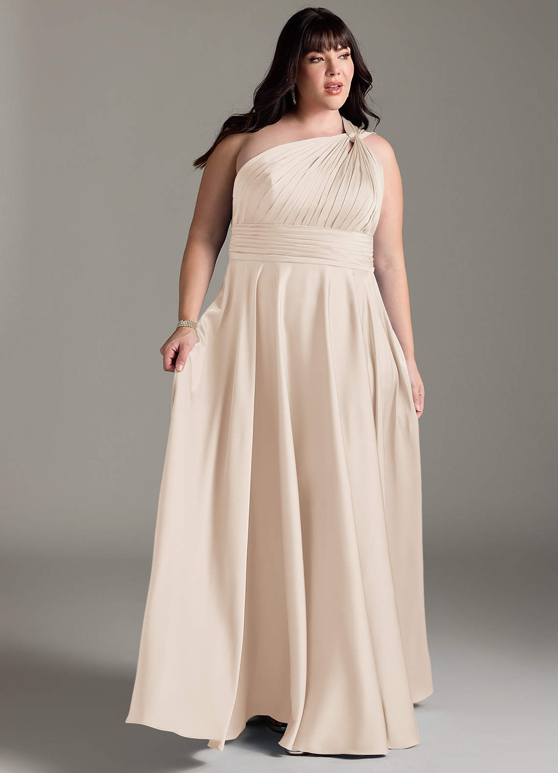 Azazie Charlize Vestidos de damas de honor Vestido de Alabastro Blanco de Satén Elástico de Corte en A con Hombro unilateral image10