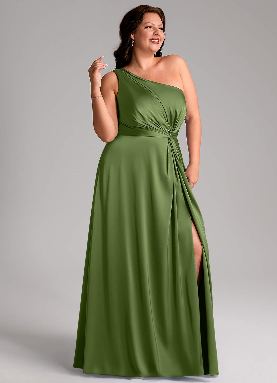 Azazie Brooke Vestidos de damas de honor Vestido de Enebro de Satén Elástico de Corte en A con Hombro unilateral image10