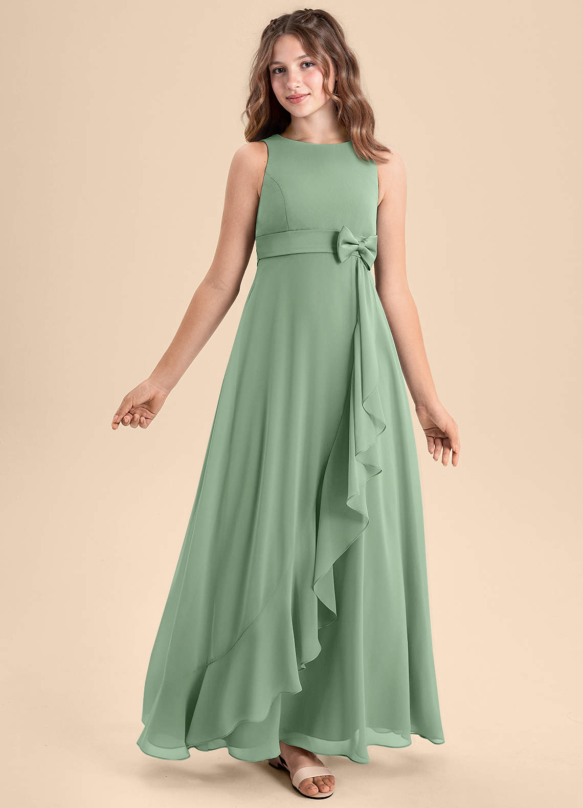 Azazie Lilenne Junior Matcha A-Line Bow Chiffon Dress image1