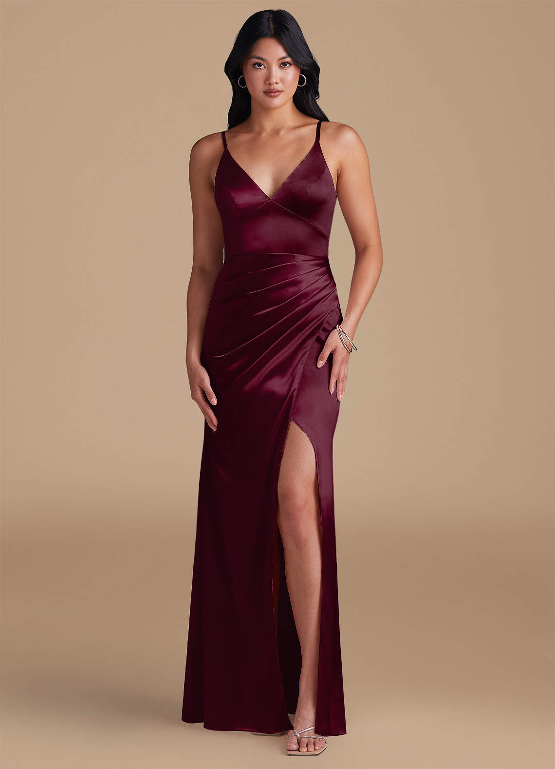Azazie Shania Bridesmaid Dresses Cabernet Sheath Pleated Metallic Satin Dress image1