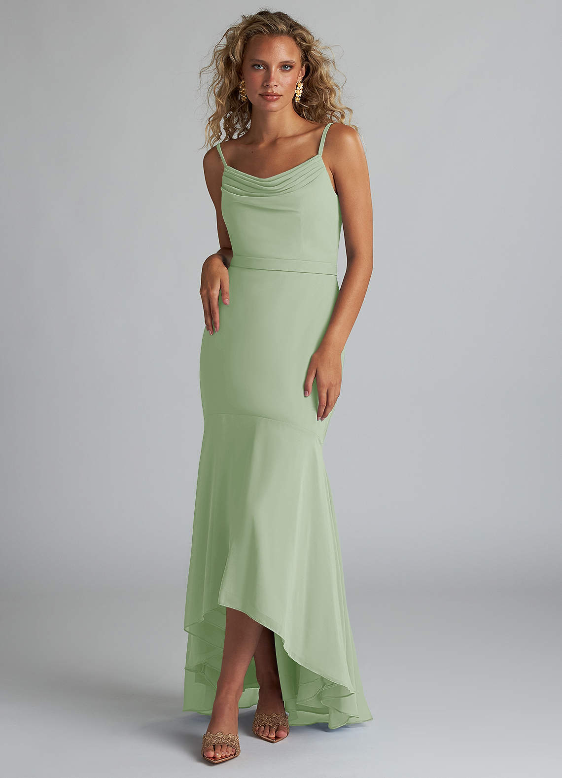 Azazie Summer Bridesmaid Dresses Dusty Sage Mermaid Scoop Cowl Chiffon Dress image1