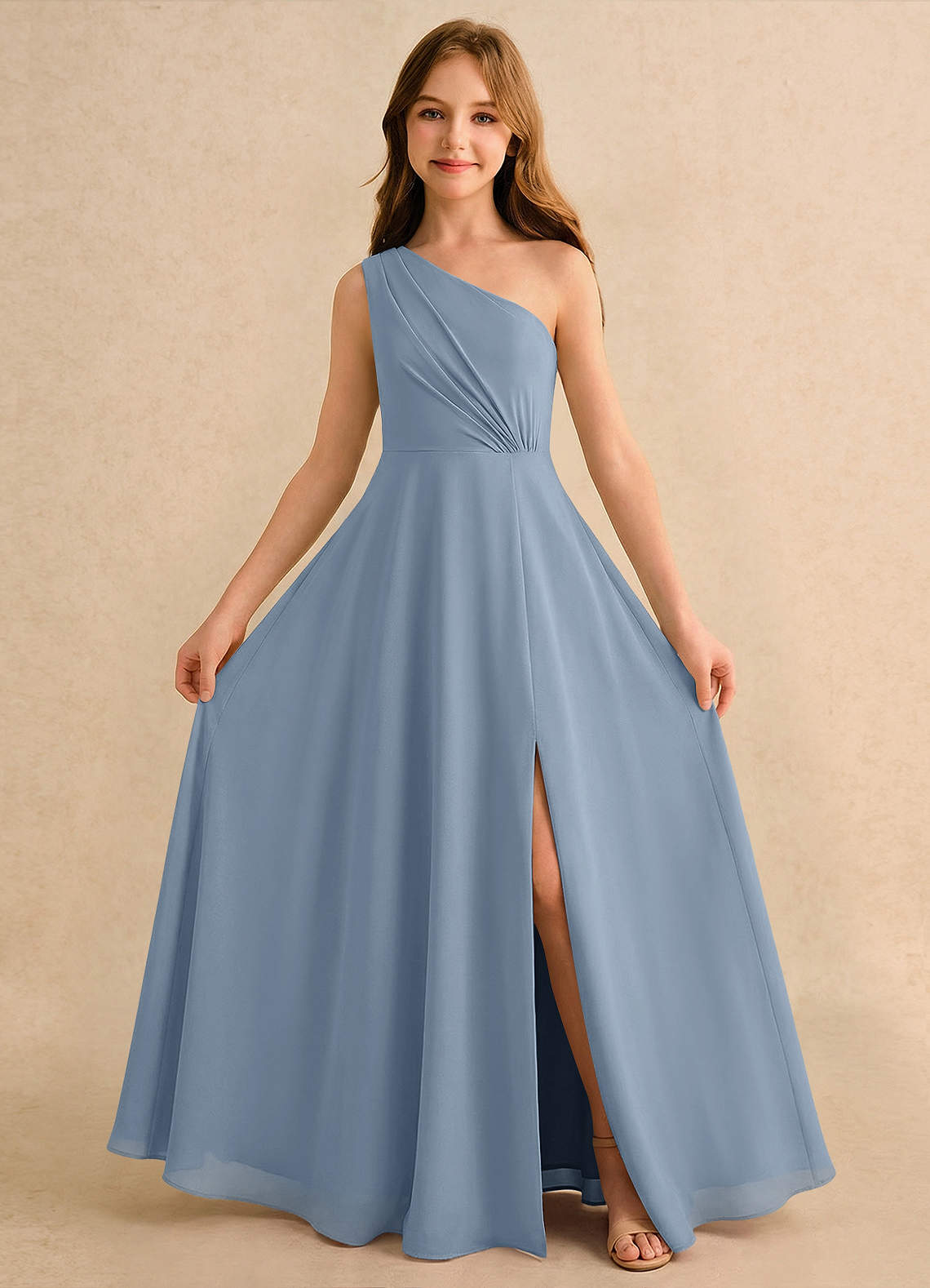 Azazie Puddles Girls Formal Sukienki dla dziewczynek sypiących kwiaty Linia A Jedno ramię Szyfon Długość podłogi Sukienka image4