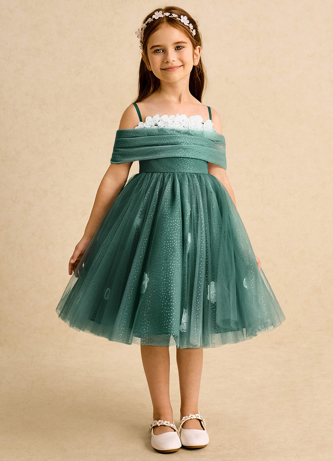 Azazie May vestidos de niña de las flores Vestido de Esmeralda de Tul de Princesa con Plisado image1