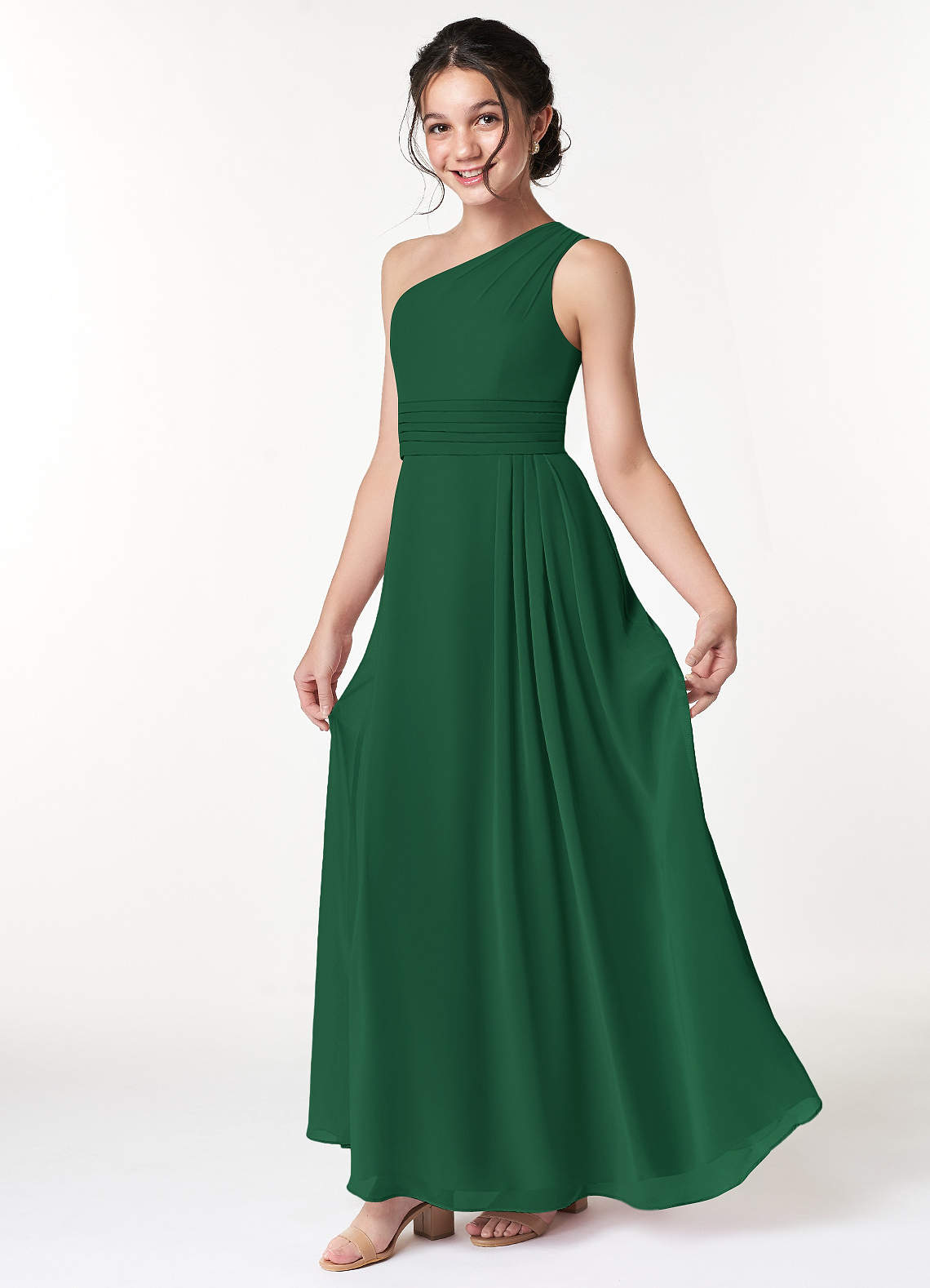 Azazie Cleo Junior Vestido de Verde Oscuro de Gasa de Corte En A con Plisado image1