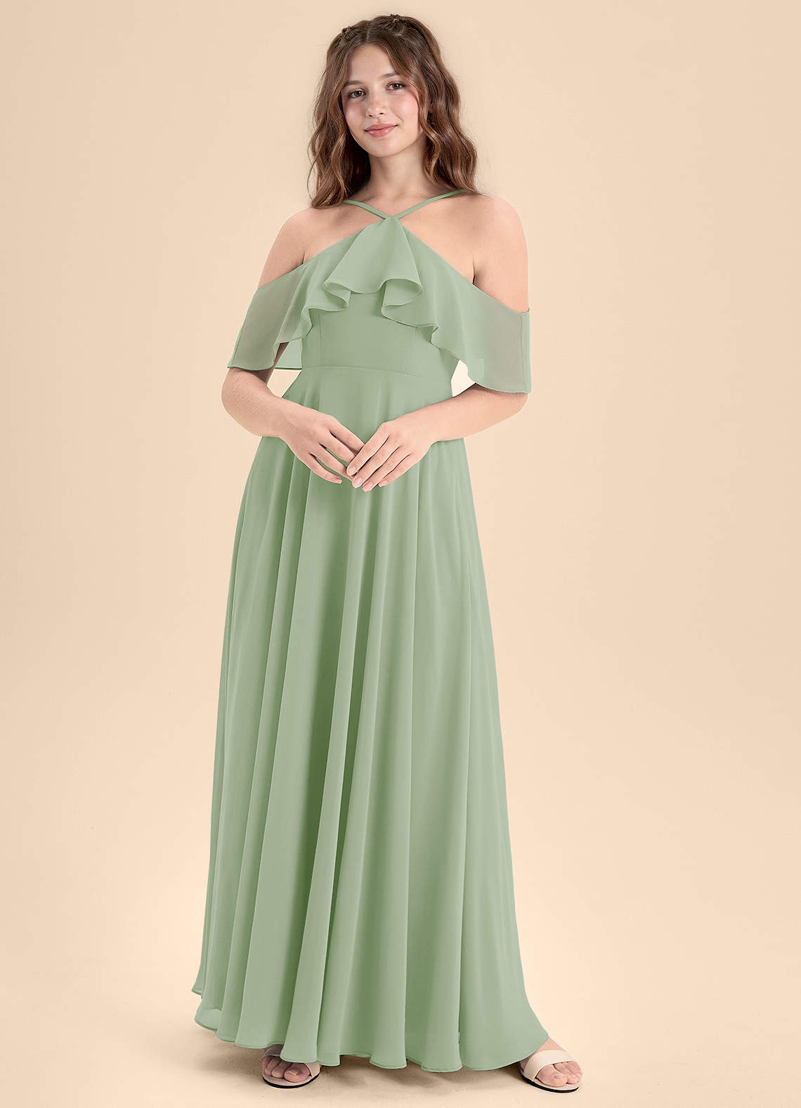 Azazie Tessabelle Junior Vestido de Salvia Polvorienta de Gasa de Corte En A con Vestidos sin tirantes image1