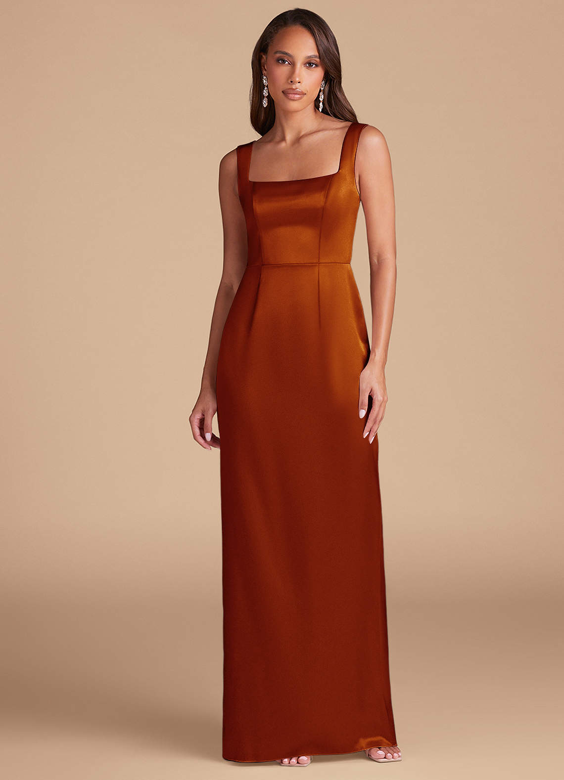 Azazie Flori Jurken voor thuis passen Jurk van Metaalachtig Satijn met Kolom Zijsplit Kastanjebruin image1