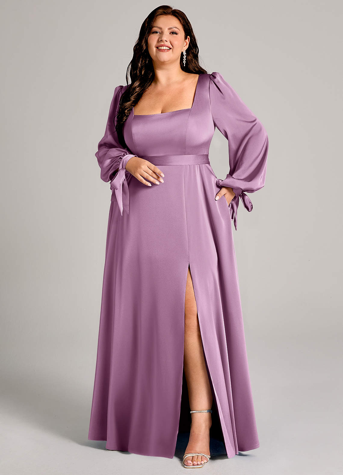 Azazie Leonia Bridesmaid Dresses Wisteria A-Line Long Sleeve Stretch Satin Dress image1