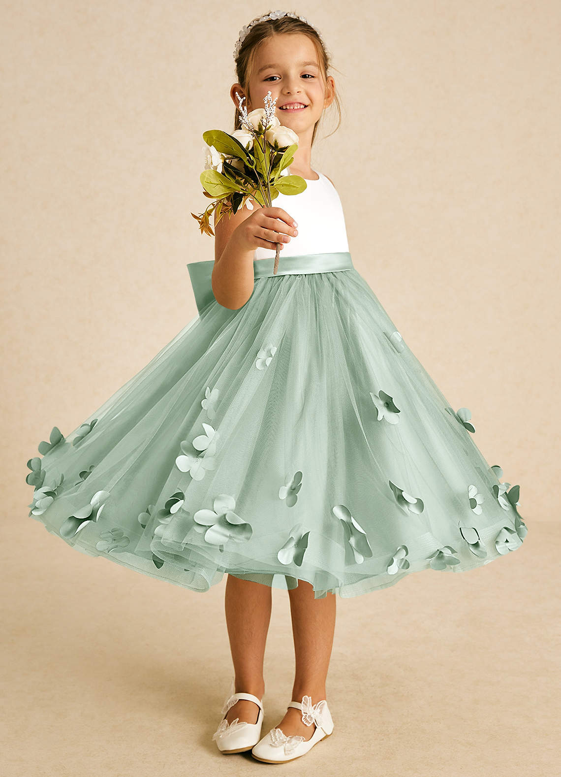 Azazie Sprout Flower Girl Dresses Agave A-Line Bow Tulle Dress image1